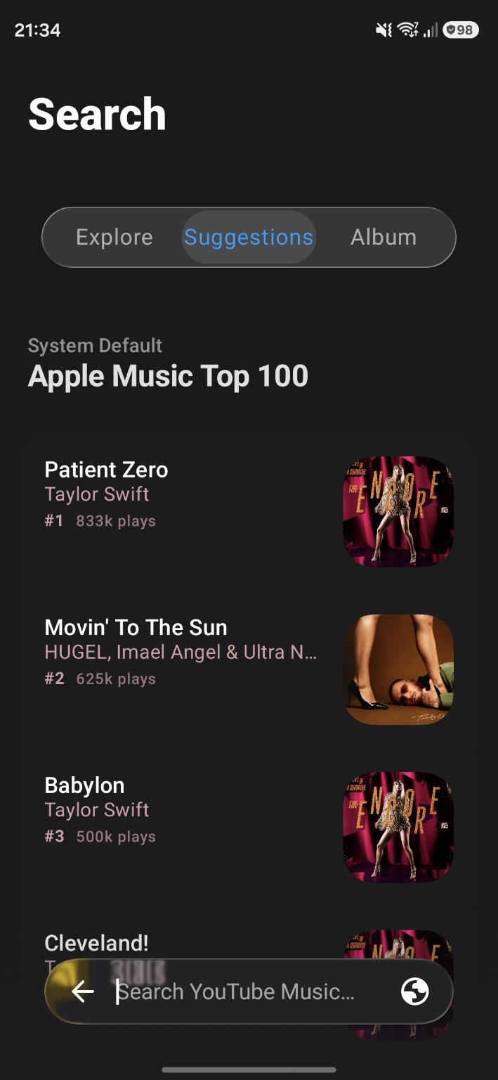 XAN Search suggestions showing top songs