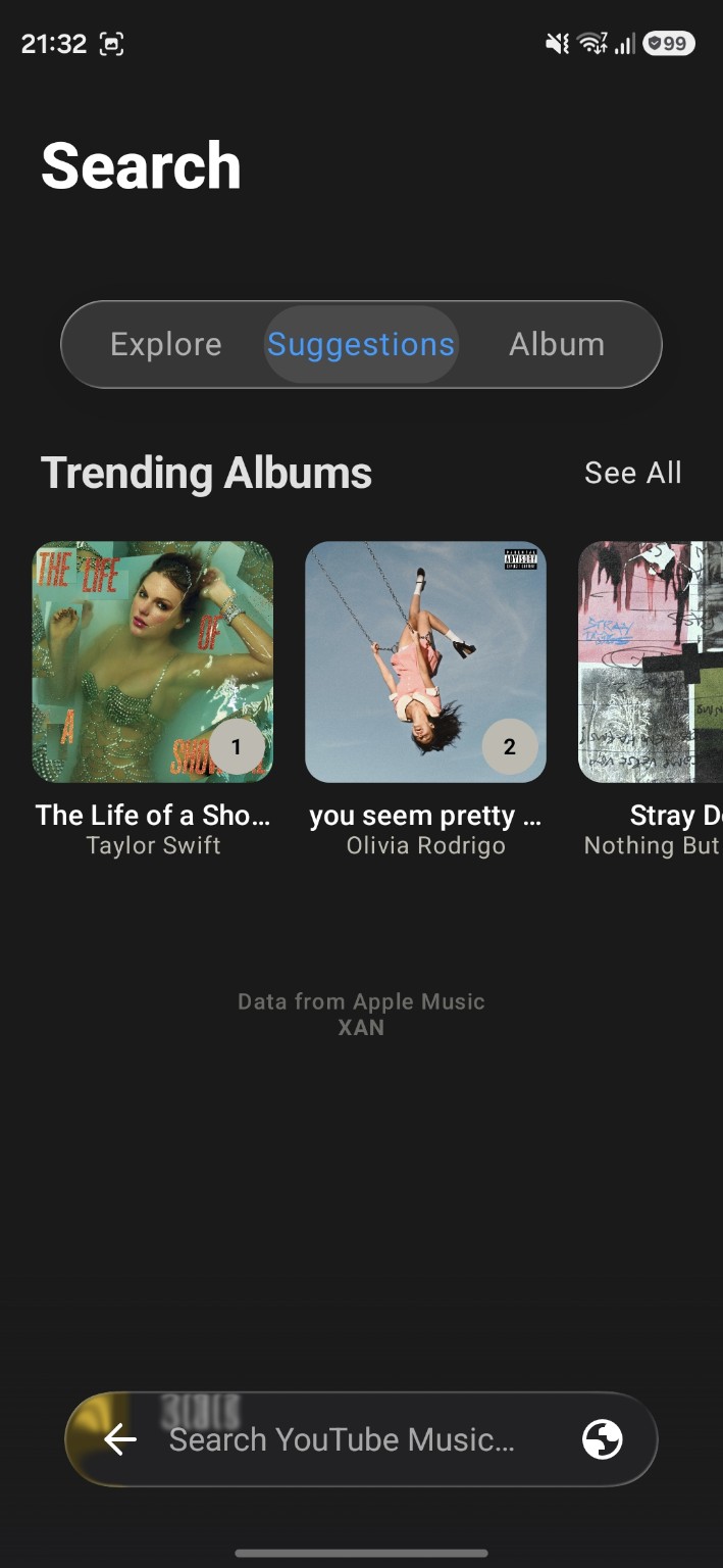 XAN Search suggestions showing trending albums