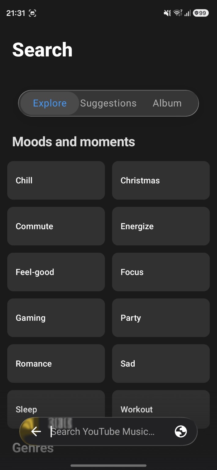XAN Explore screen with moods and moments