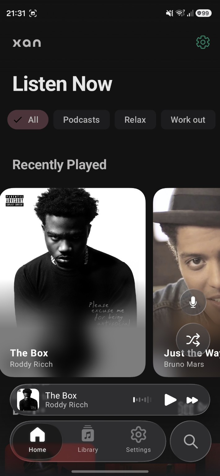 XAN home screen showing recently played music