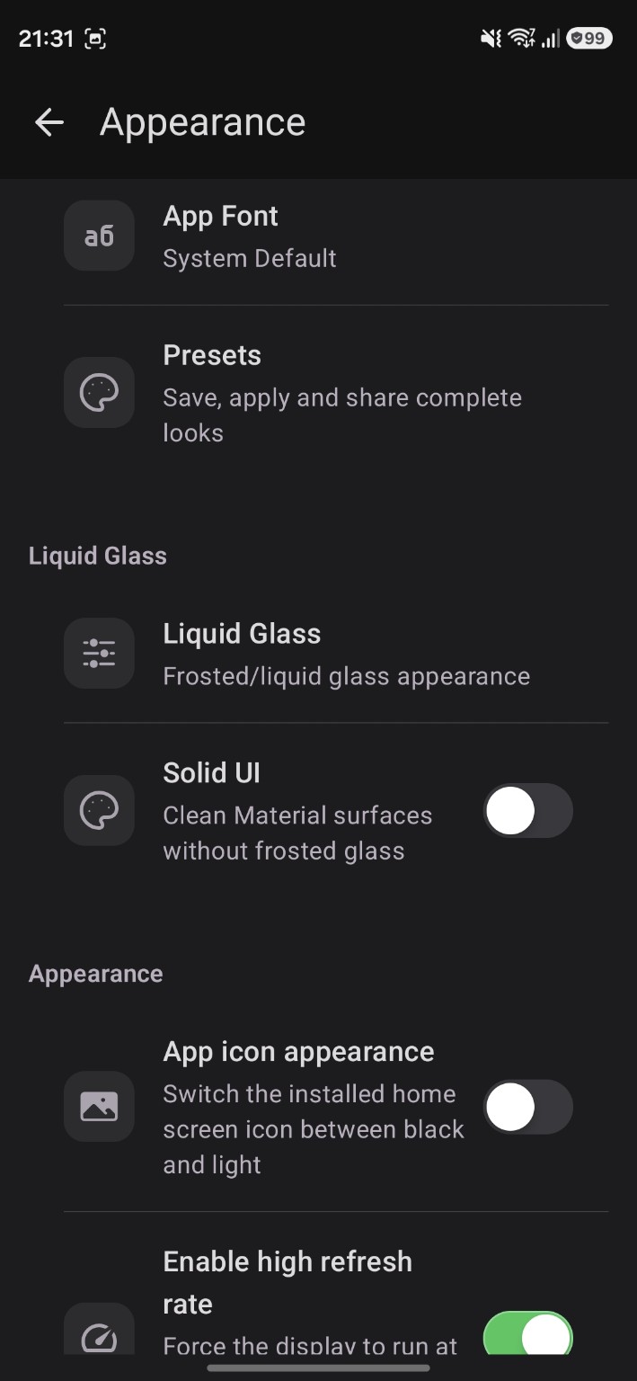 XAN Appearance settings screen