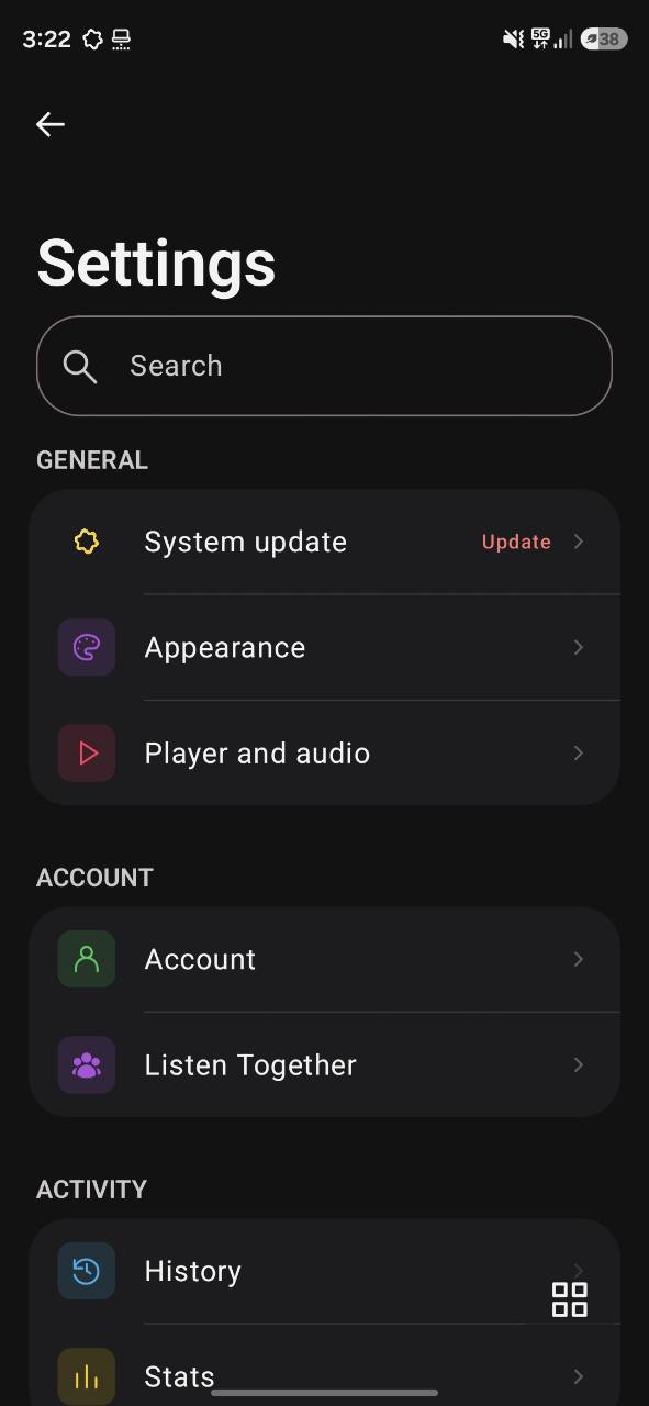 XAN settings screen