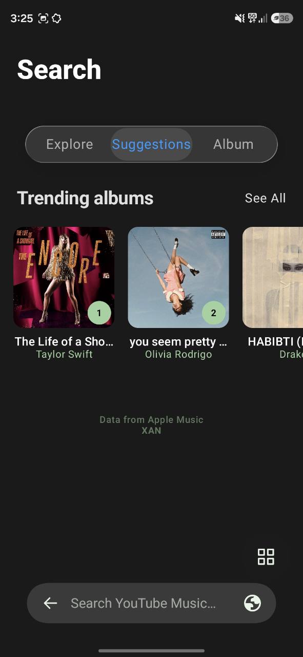 XAN Search suggestions and trending albums